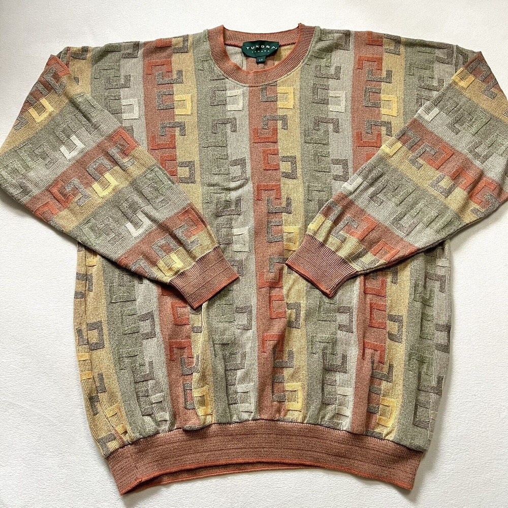 Vintage Men’s L Large Tundra Canada Geometric Textured Crew Neck Sweater